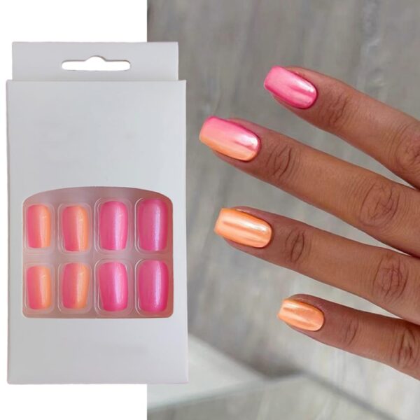 S.A.V.I 24pc Pink & Orange Gradient Square Press-On Nails - Medium Length, Adhesive Tabs & Glue Included