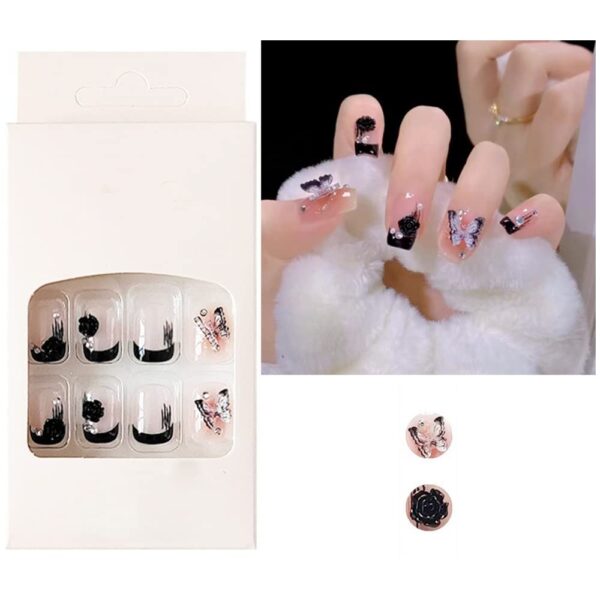 S.A.V.I 24Pcs Black French Manicure 3D Rose Butterfly Pearl Fake Nails with Glue - Easy DIY Ready-to-Use Nail Art for Women and Girls