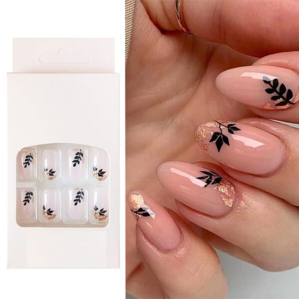 S.A.V.I 24 PCs Black Leaf Gold Foil Ink Design Easy DIY Manicure Fake Nails for Women - Ready to Use Nail Art Kit for Girls with Glue Included