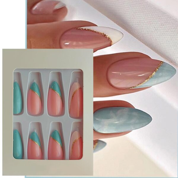 S.A.V.I 24 PCs Long Almond Blue Glitter Press-On Nails - Adhesive Tabs Included, No Liquid Glue, Easy Manicure