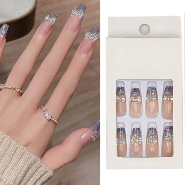 S.A.V.I 24 PCs Grey Glitter 3D Bow Aurora Color Manicure Easy Ready to Use Fake False Nails for Women Girls with glue - Long-Lasting & Trendy