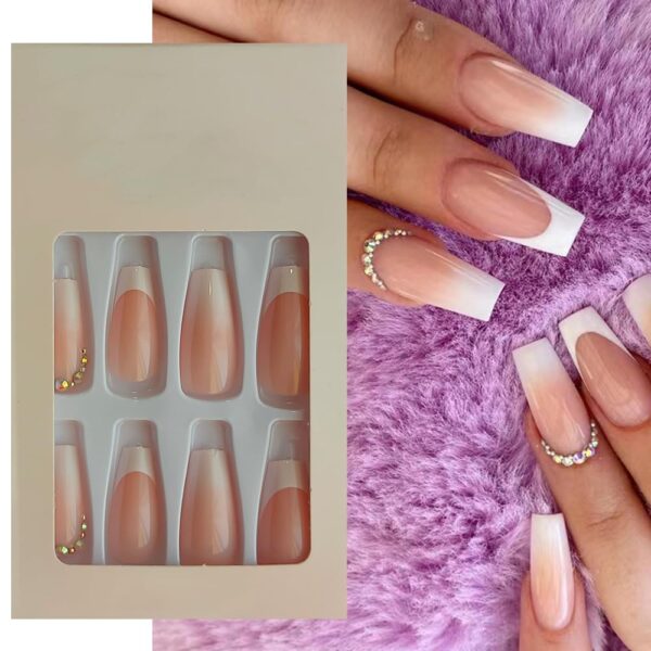S.A.V.I 24Pcs Nude & White Ombre Coffin Fake Nails - 3D Crystal, Long Press-On Manicure with Adhesive & Glue