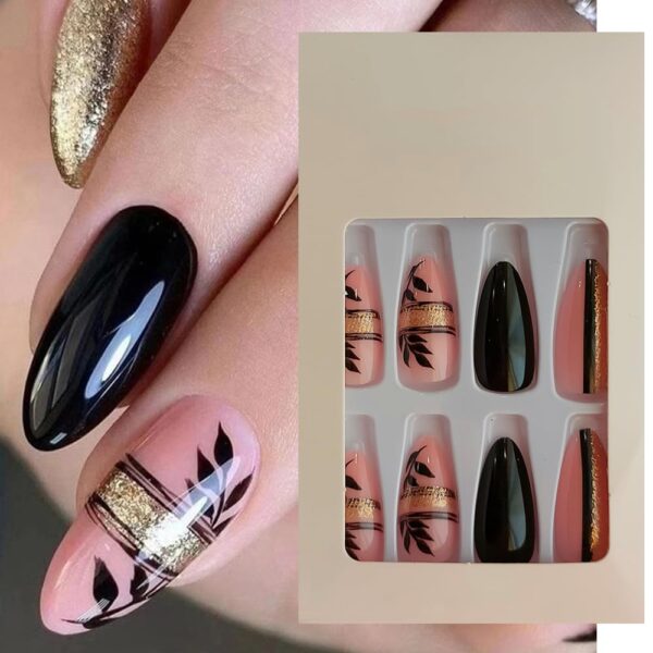 S.A.V.I 24Pc Almond Glitter Nude/Black Leaf Press-On Nails, Adhesive Tabs, No Liquid Glue, Long Manicure