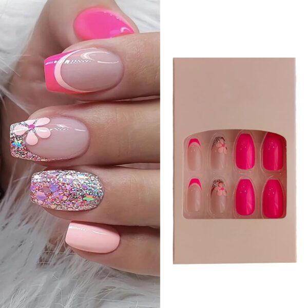 S.A.V.I Glitter Pink Floral Coffin Fake Nails - 24 PCs, Medium, Adhesive & Glue Included
