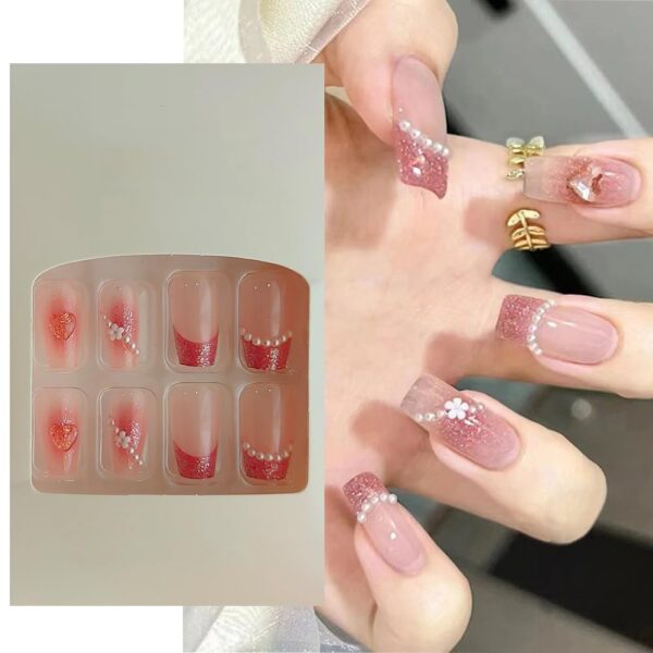 S.A.V.I Pink Square 3D Press On Nails - 24 PCs Long, Adhesive Tabs & Glue Included, Elegant Fake Nails for Manicure