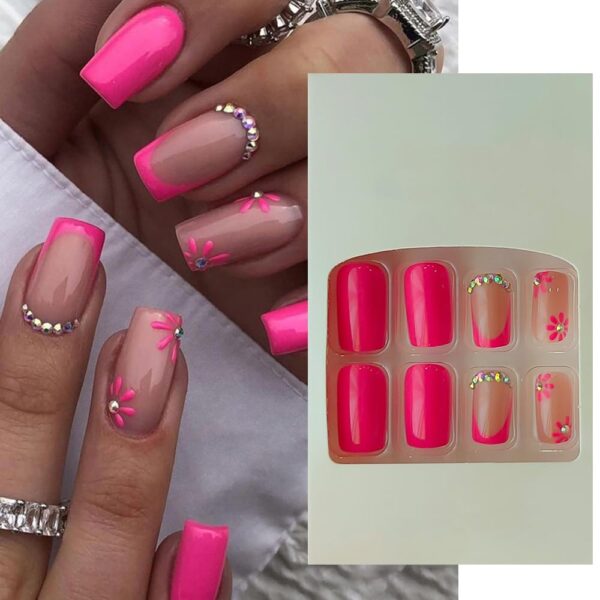 S.A.V.I 24Pc Nude & Pink Floral 3D Crystal Long Square Press-On Nails - Adhesive Tabs & Liquid Glue Included