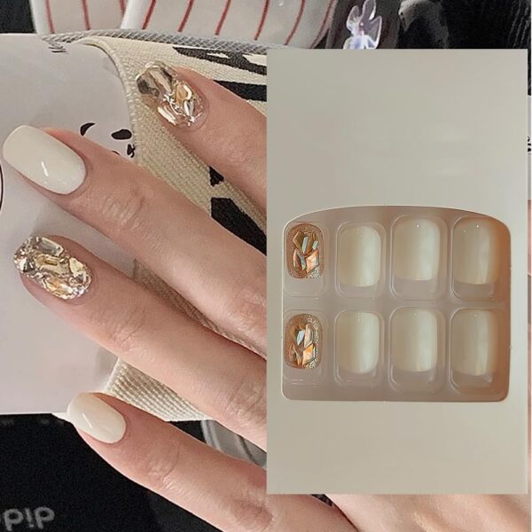 S.A.V.I 24Pc White Square Fake Nails with 3D Crystals - Press-On Manicure Set with Adhesive & Liquid Glue