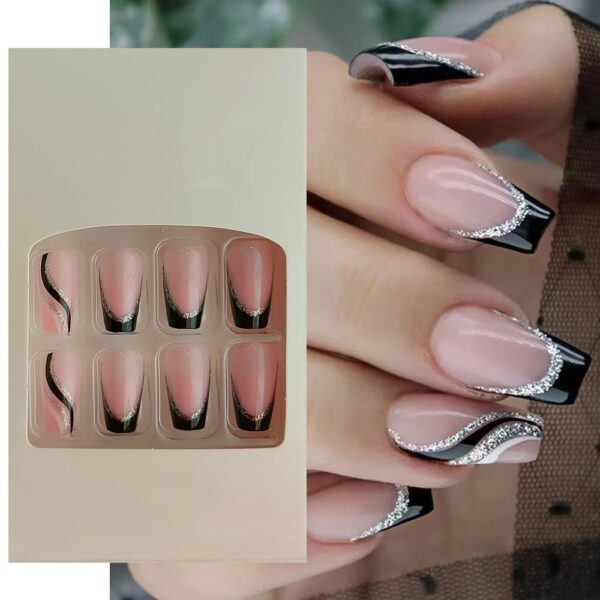 S.A.V.I 24Pc Nude & Black French Glitter Coffin Fake Nails - Manicure Press On with Adhesive & Glue