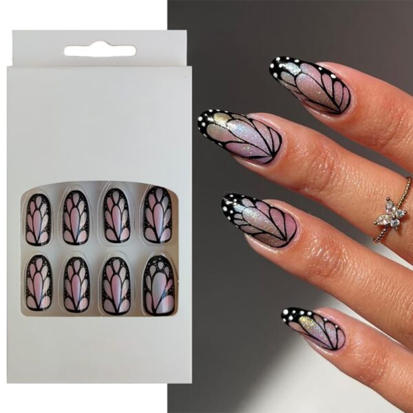 S.A.V.I Chrome Silver & Black Butterfly Print Press-On Nails, 24 PCs, Round Medium, Adhesive & Glue Included
