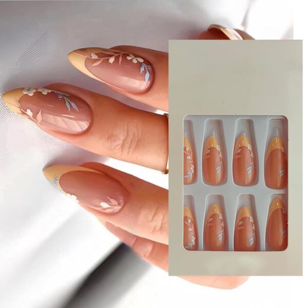 S.A.V.I 24pcs Yellow Floral French Manicure Press-On Nails, Almond Shape, with Adhesive Tabs & Glue