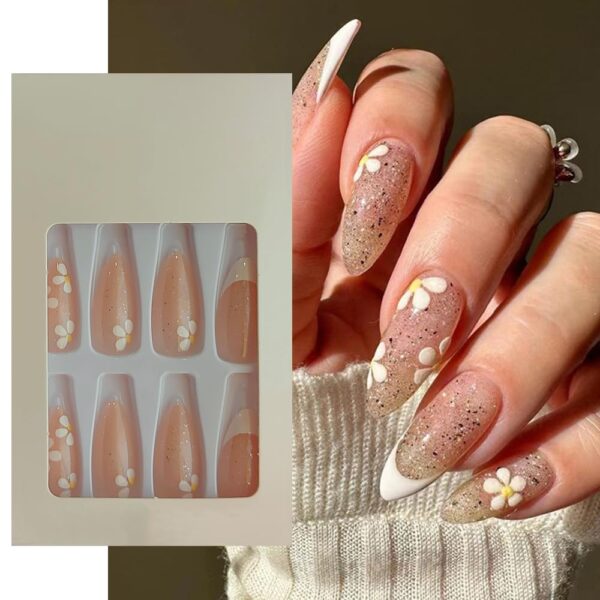 S.A.V.I 24Pc Glitter Floral Almond Fake Nails - Press-On Manicure Set with Adhesive Tabs & Glue