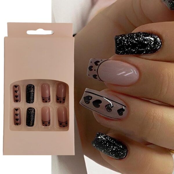 S.A.V.I 24Pc Black Heart Glitter Square Press-On Nails Kit - Adhesive Tabs & Glue Included