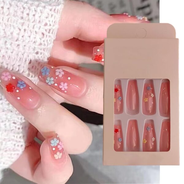 S.A.V.I 24Pcs Nude Coffin Fake Nails - 3D Flower Design Press-Ons with Glue & Tabs