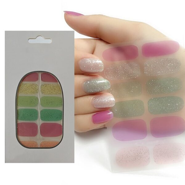 S.A.V.I 12 Pcs - Nail Stickers Pink, Green, Nude & Silver Glitter, Gel Effect, Full Cover Adhesive Nail Wraps, Long-Lasting Shine, Easy Application