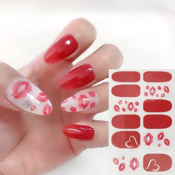 S.A.V.I Nail Art Stickers 12PCS - Gel Effect Full Nail Wrap, Red and Nude with Lipstick Print, Long-Lasting Nail Decoration