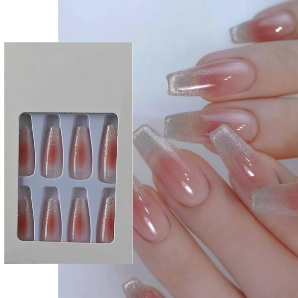 S.A.V.I 24 PCs Long Coffin Shape Nude Blush Glitter Press-on Fake Nails - DIY Manicure Set - Durable, Easy Application, and Reusable - For Salon-Quality Results at Home