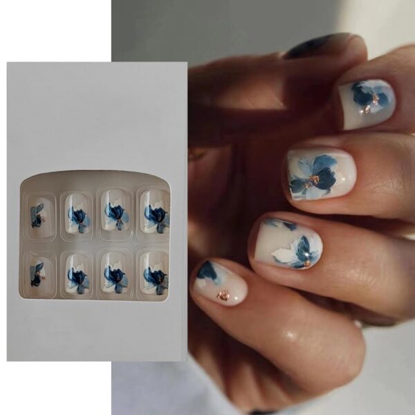 S.A.V.I 24 PCs Reusable Short Natural Shape Nude Flower Print Press-on Fake Nails DIY Manicure Set - Easy Application, Durable & Stylish False Nails for Salon-Quality at Home