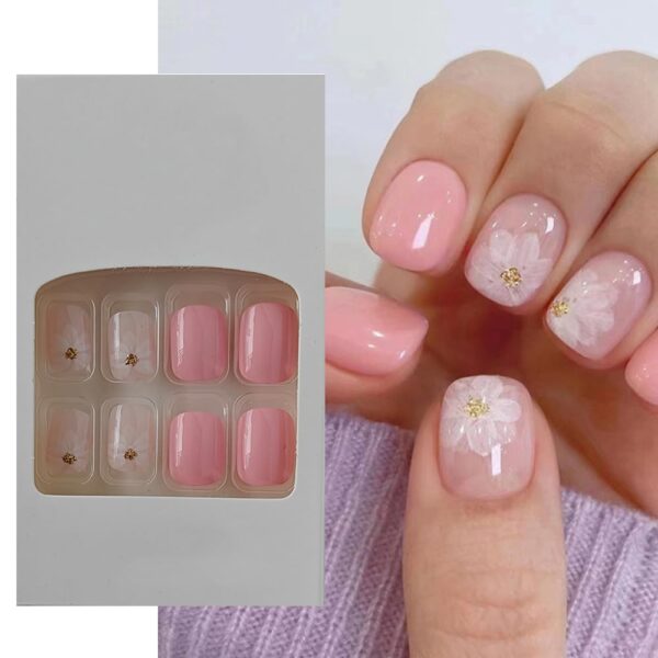 S.A.V.I 24 PCs Reusable Press-on Fake Nails - Short Natural Shape Peach and Flower Print - DIY Manicure Kit for Quick & Easy Nail Art - Long-lasting & Durable - for Home & Salon Use