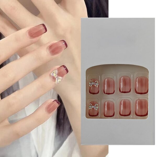 S.A.V.I 24 PCs Medium Length Square Shape Nude Color French Manicure 3D Bow Press-on Fake Nails DIY Kit – Long-Lasting, Easy Application, Salon Quality for Professional Look at Home
