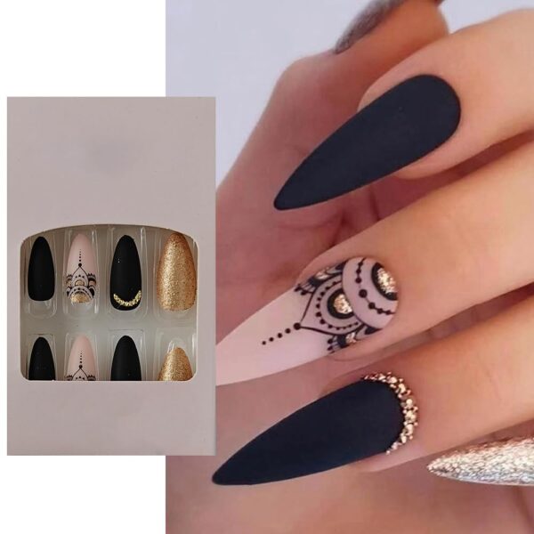 S.A.V.I 24 PCs Set Long Stiletto Black Nude Gold Glitter Mandala Print Fake Press-on Nails | DIY Manicure Kit | NO LIQUID GLUE INCLUDED | Salon Quality