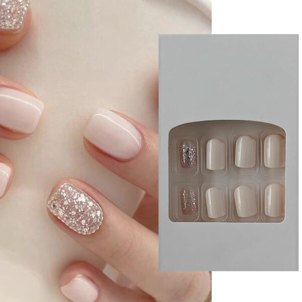 S.A.V.I 24 PCs Reusable Short Natural Shape Milky White & Silver Glitter Press-on Fake Nails - DIY Manicure Set, Easy to Apply, Long-Lasting, For Any Occasion