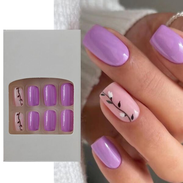 S.A.V.I 24 PCs Reusable Medium-Length Square Shape Purple and Pink Romantic Flower Print Press-on Fake Nails DIY Manicure - No Liquid Glue Included