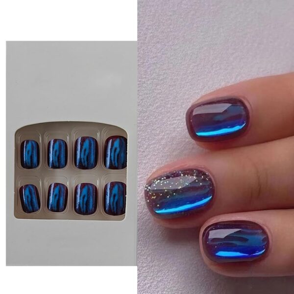S.A.V.I 24 PCs Short Square Shape Galaxy Blue Glitter Aurora Effect Press-on Fake Nails DIY Manicure Kit - No Glue Included - Perfect for Stylish Nail Art at Home