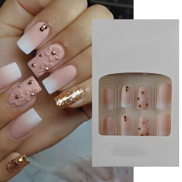 S.A.V.I 24 PCs Reusable Long Square Shape Gradient Nude & White Gold Glitter 3D Flower Press-on Fake Nails | DIY Manicure Kit | Stylish, Durable, Easy Application | Salon-Quality Nails at Home
