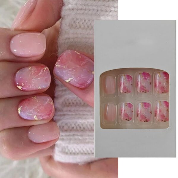 S.A.V.I 24 PCs Short Natural Shape Nude & Pink Marble Design with Glitter Press-On Fake Nails | DIY Manicure | Reusable, Easy Application | For Home Salon