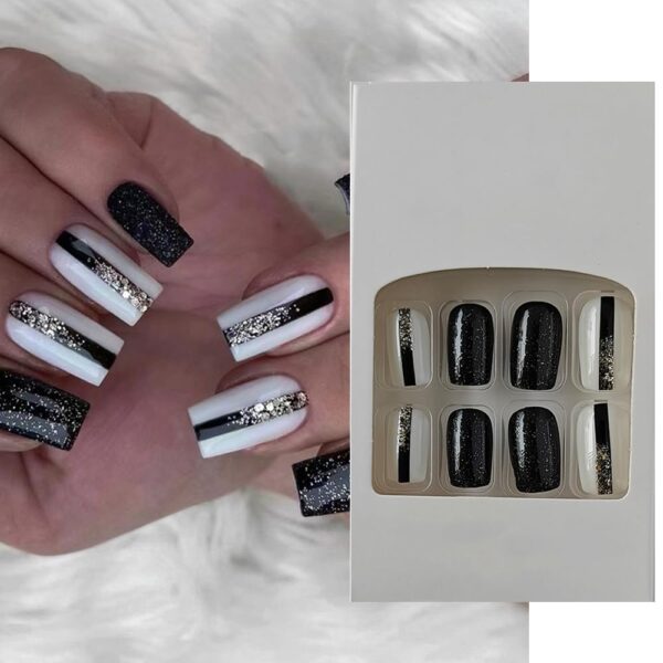 S.A.V.I 24 PCs Medium-Length Square Shape Black and White Sequin and Glitter DIY Manicure Set - Elegant Nail Art Kit for Stylish Home Salon - Long-Lasting, Easy to Apply, For All Occasions