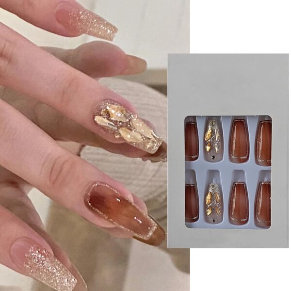 S.A.V.I 24 PCs Long Coffin Shape Press-on Fake Nails - Brown and Glitter Gold Color with 3D Big Crystal - DIY Manicure, Durable & Reusable Nail Art, Perfect for Any Occasion