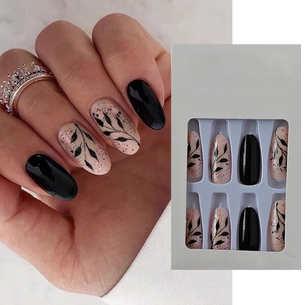 S.A.V.I 24 PCs Reusable Long Round Press-on Fake Nails - Black & Nude Leaf & Glitter Print - DIY Manicure Set - Durable & Stylish - For Salon-Quality Nails at Home