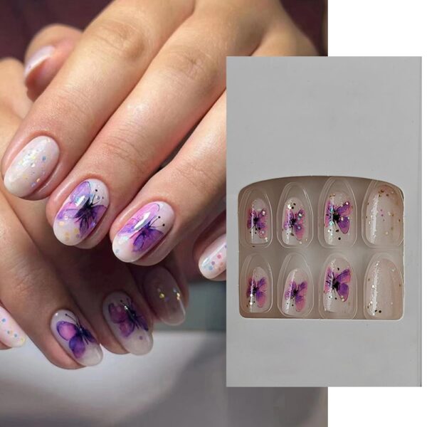 S.A.V.I 24 PCs Reusable Short-Length Round Shape Nude Glitter Purple Butterfly Print Press-On Fake Nails | DIY Manicure Kit | For Home & Salon Use