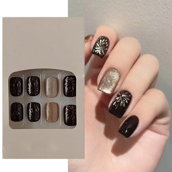 S.A.V.I 24 PCs Set of Medium Length Square Shape Blackish Burgundy Firework Cat Eye Reusable Fake Nails - DIY Manicure Kit, Easy Application & Removal, Perfect for Parties & Events
