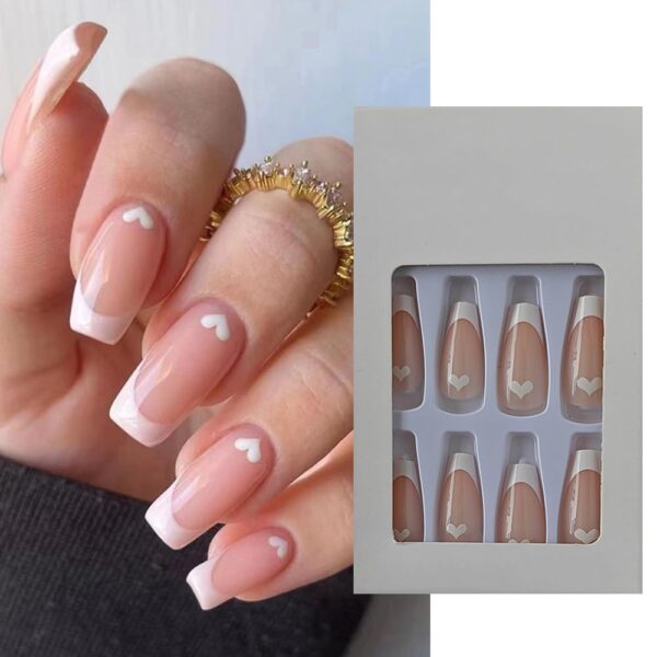 S.A.V.I 24 PCs Long Coffin Shape Nude French Manicure with Heart Print | Press-on Fake Nails | DIY Manicure Kit | Reusable, Easy to Apply, Professional Look | Perfect for Home & Salon Use
