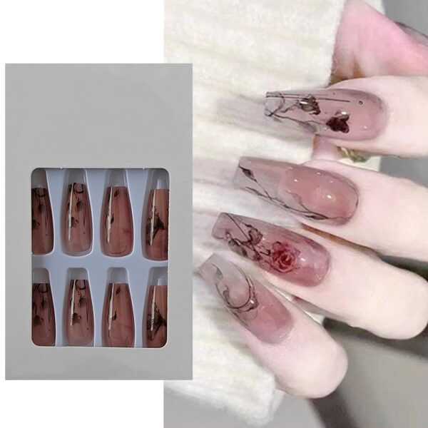 S.A.V.I 24 PCs Nude Rose Print Press-on Nails - Long Coffin Shape, Transparent Floral, DIY Manicure Kit