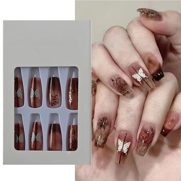 S.A.V.I 24 PCs Long Coffin Shape Nude Transparent Wine Color Butterfly Flower Print Press-on Fake Nails - DIY Manicure Kit - Salon Quality, Easy Application, Reusable False Nails Set