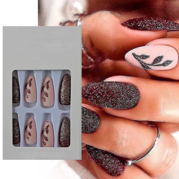 S.A.V.I 24 PCs Long Almond Shape Nude and Glitter Leaf Motif Press-on Fake Nails | DIY Manicure Set | Easy Application & Removal | Durable & Reusable | Salon-Quality Finish | For All Occasions
