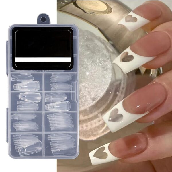 S.A.V.I 120 PCs Long Coffin Shape Nail Tips with Hollow Heart Design - Transparent Acrylic False Nails for DIY Nail Art, Manicure Extension | Durable & Easy to Apply | Professional Salon & Home Use