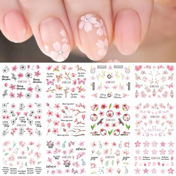S.A.V.I 12 Sheets Cherry Blossom Nail Art Decals | Floral & Butterfly Design Stickers | Easy-to-Use, Long-Lasting DIY Manicure | Salon Quality Nail Accessories for All