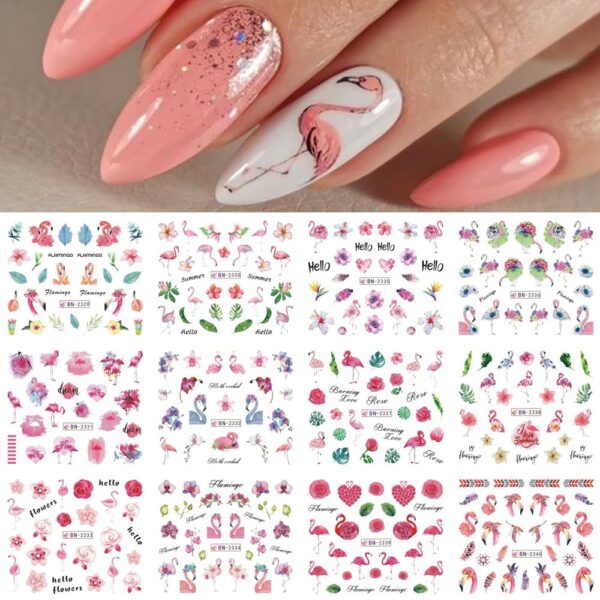 S.A.V.I 12 Sheets Nail Art Water Decals Stickers - Floral & Flamingo Designs, Easy Transfer, Long-Lasting, Perfect for DIY Nail Decorations, Manicure, Pedicure & Salon Use - Trendy Summer Collection