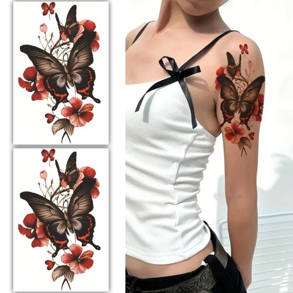 S.A.V.I 2 Sheets Large Temporary Tattoo for Women - Black Butterfly & Red Floral Design (19x12cm) | Waterproof, Long-Lasting Body Art for Shoulder, Arm & Back | Easy Application & Removal