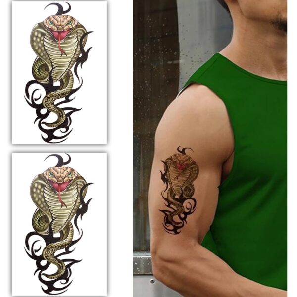 S.A.V.I 2 Sheets - Large Temporary Cobra Snake Tattoo for Men - Realistic Tribal Design in Black & Gold - Waterproof, Long-Lasting Body Art for Arm, Shoulder, Back - 19x12cm Each Sheet