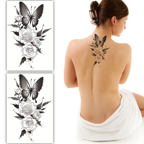 S.A.V.I 2 Sheets Black Butterfly & Rose Temporary Tattoos, Waterproof & Long-lasting, 19x12cm – Easy to Apply & Remove, Perfect Body Art for Back, Arm, Shoulder – For Women & Girls