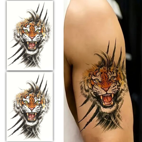 S.A.V.I 2 Sheets Tiger Design Temporary Tattoo for Arm - Waterproof, Realistic 19x12cm (Black & Orange) - Long-Lasting, Easy to Apply & Remove - Tattoo for Men & Women, Party Supplies