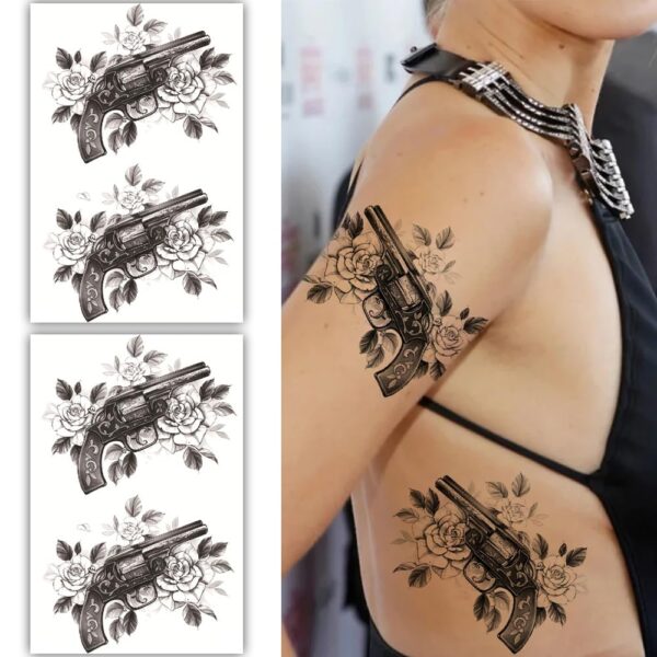 S.A.V.I 2 Large Sheets Black Vintage Revolver & Rose Temporary Tattoos (19x12cm) for Men & Women - Waterproof Long-Lasting Realistic Gun Tattoo Stickers for Arm & Body Art