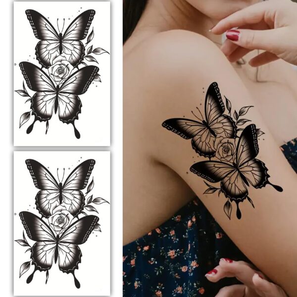 S.A.V.I 2 Sheets Black Butterfly Temporary Tattoos with Rose Design – Waterproof, Long-Lasting Body Art Stickers for Women | 19x12cm | Easy to Apply & Remove | Perfect for Arms, Shoulders & More