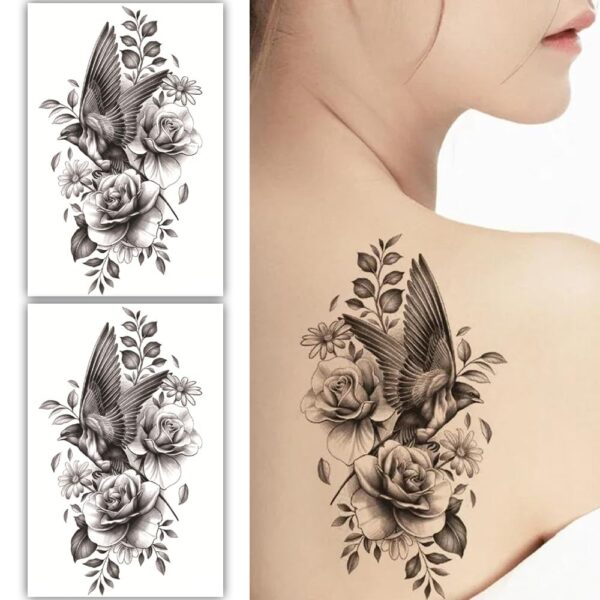 S.A.V.I 2 Sheets Black Temporary Tattoos for Women - 19x12cm Floral & Bird Design, Waterproof & Long-Lasting Body Art Stickers for Shoulder, Back, Arm - Easy Application & Removal