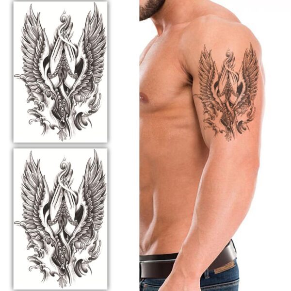 S.A.V.I 2 Sheets Large Black Temporary Tattoos for Men & Women - 19x12cm Waterproof Winged Flame Design - Long-Lasting Body Art for Arms, Shoulders & Back - Easy Apply & Remove