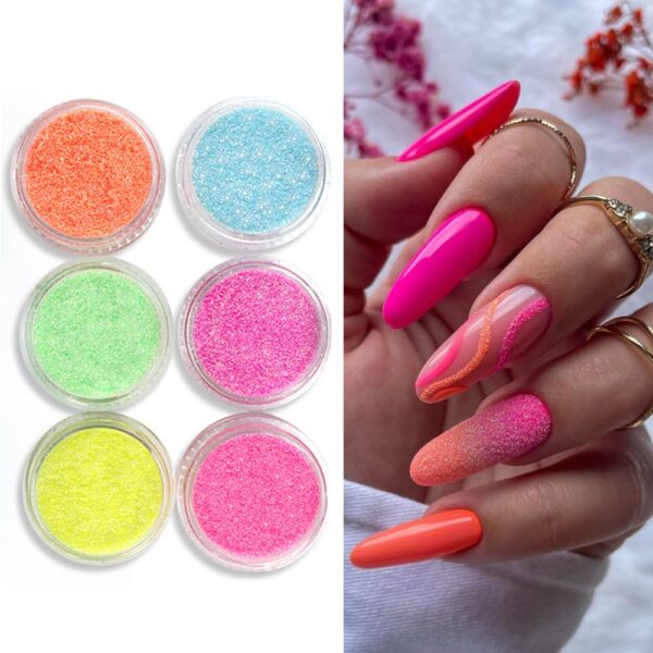 S.A.V.I 6 Jars Glitter Sugar Powder Set (35g Each) | Neon Flashing Colors | Woolen Sweater Powder for DIY Nail Art | Sparkling Pastel Shades - Blue, Pink, Orange, Green, Yellow | Nail Accessories
